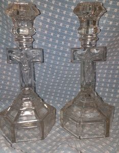 Vintage Pair Crystal Crucifix Jesus Taper Candle Holders